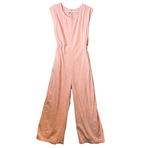 Free People Heat Wave Open Back Jumpsuit Grapefruit Pink Sz Small‎ Linen Blend - Picture 1 of 7